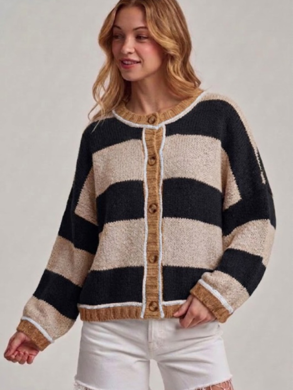 BON Oatmeal Black Wide Stripe Cozy Fall Sweater Cardigan